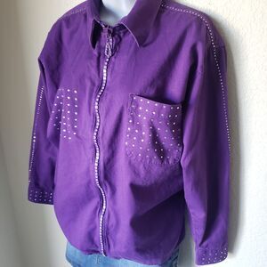 Vintage Cotton Purple Zip-Up Shirt with Rhinestones